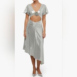 WeWoreWhat Asymmetrical Silver Cutout Midi Dress Liquid Foil High Low NWT